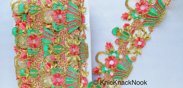 Flower Basket Cutwork Trim, Embroidered In Gold, Pink & Green